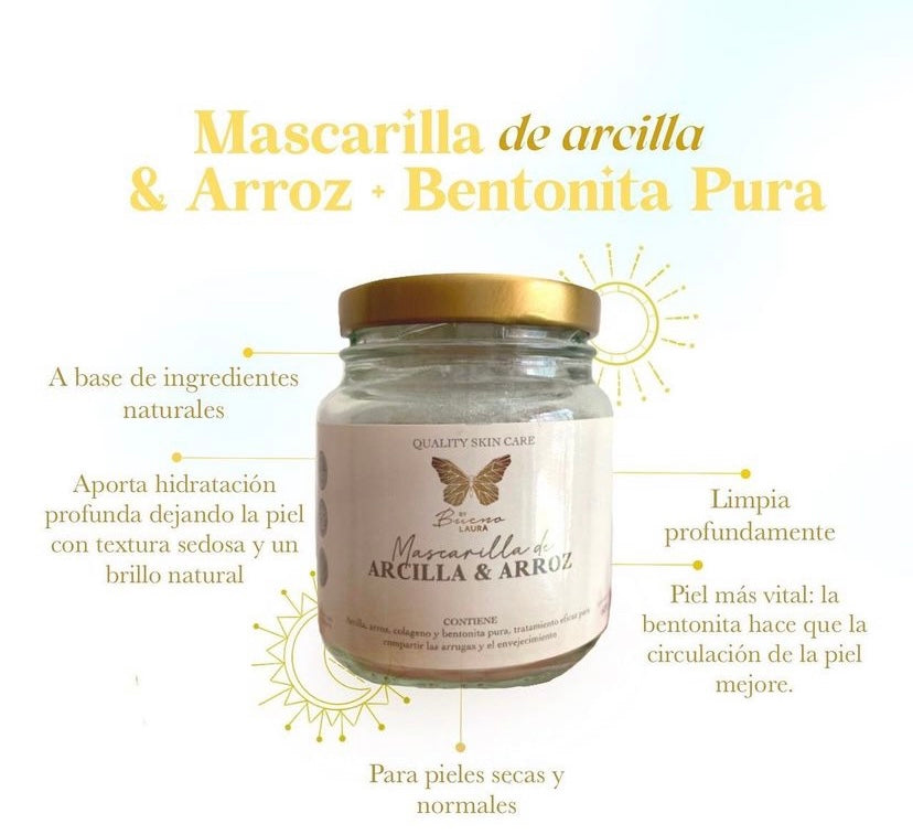 Mascarilla de Arroz y Bentonita – Arcilla Natural pieles mixtas - Antienvejecimiento (100g)